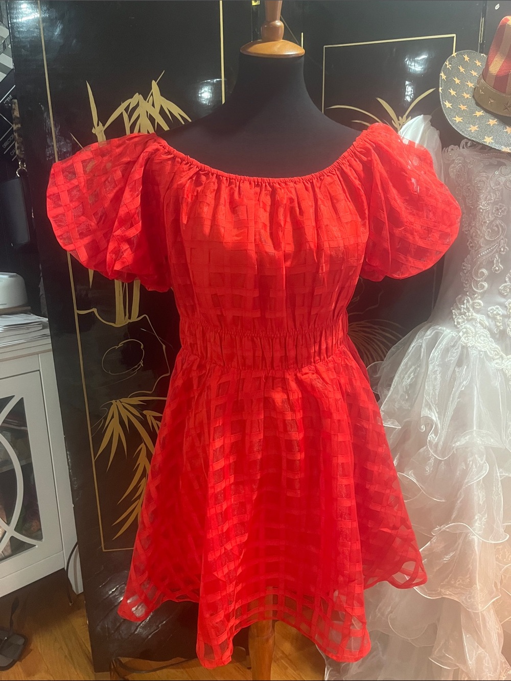 Bright Red Puff-Sleeve Smocked Waist Dress